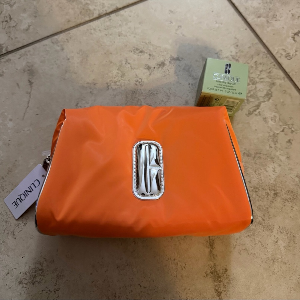 Clinique Vibrant Orange Makeup Pouch & Clinique Cleansing Balm .5oz NWT